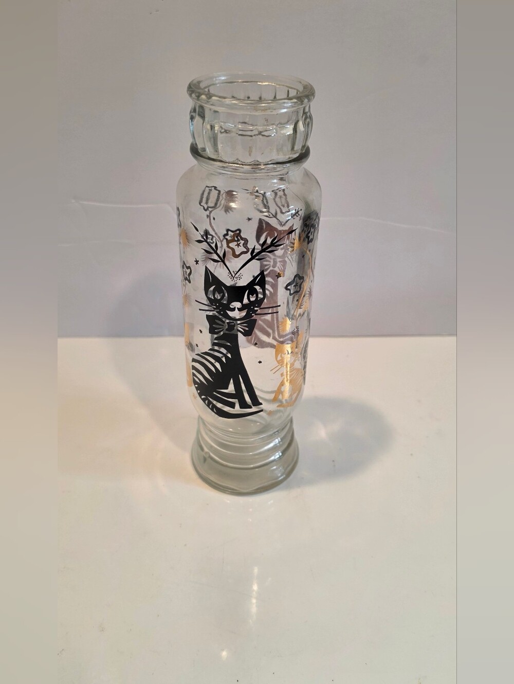 Vintage Style Clear Glass Vase with Black Cat and Gold Accents